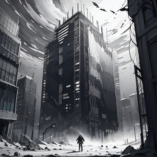 a man standing in front of a tall building in a city with a sky background and a bird flying over it