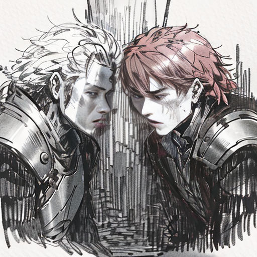 two people are looking at each other with a drawing of them in the background of the image, one is wearing a helmet and the other is wearing a suit of armor