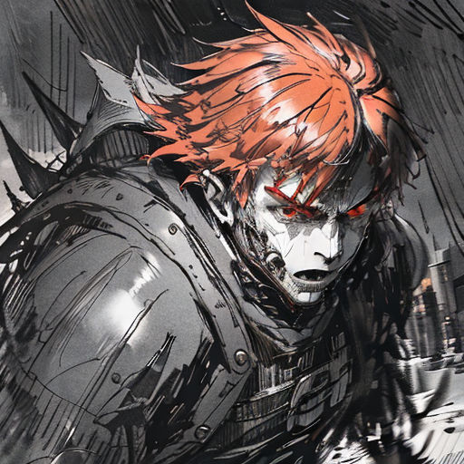 a man with red hair and a sword in his hand, standing in front of a black background with a red eye