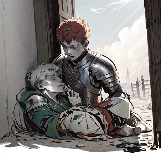 a man in a suit of armor sitting next to a woman in a dress of armor on a floor
