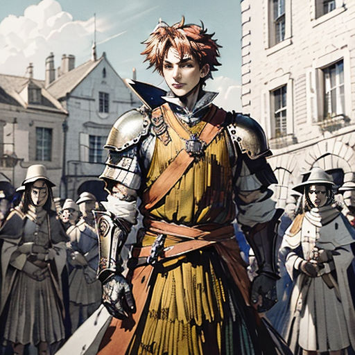 a man in a costume standing in front of a group of people in a city street with buildings and a clock tower