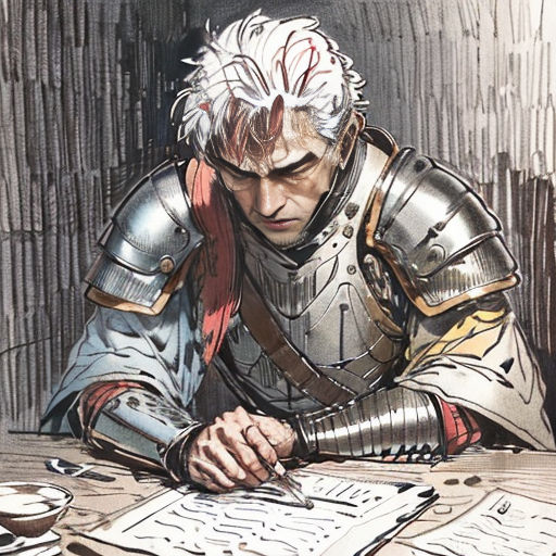 a man in armor writing on a piece of paper with a knife and fork in his hand while sitting at a table