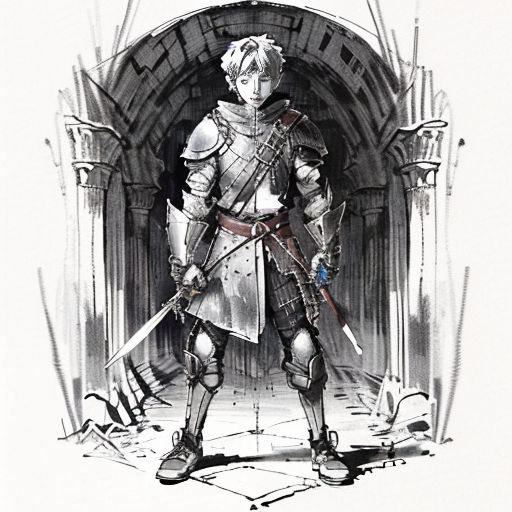 a drawing of a man in armor standing in front of a doorway with swords in his hands and a sword in his hand