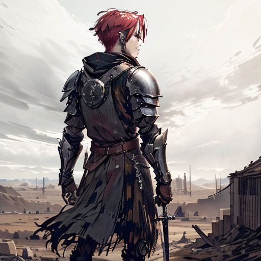a man in armor standing in a desert area with a sword in his hand and a sky background with clouds