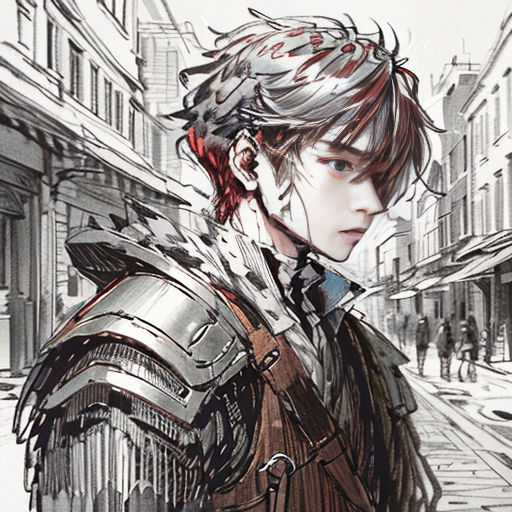 a man with a helmet and a coat on a city street with buildings in the background and a person with a sword in his hand