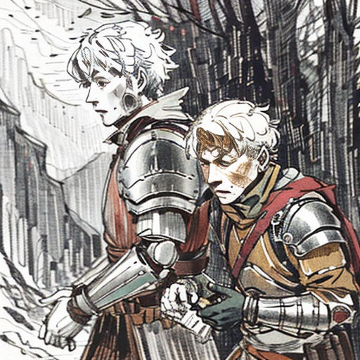 two men in armor standing next to each other in the snow, one holding a sword and the other looking at something