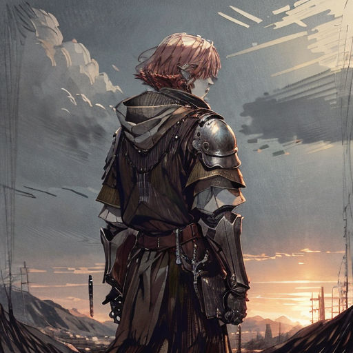 a man in armor standing on a hill looking at the sky with a ship in the background and a city in the distance