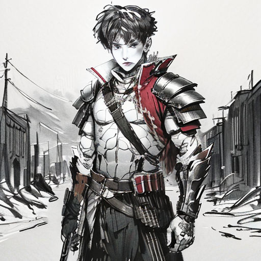 a man in armor standing in the snow with a sword in his hand and a red vest on his chest