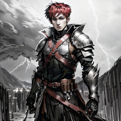 a man in armor standing in front of a storm with lightning behind him and a sword in his hand