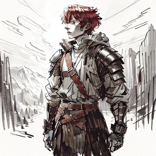 a man in a suit of armor standing in a snowy area with mountains in the background and a sky background