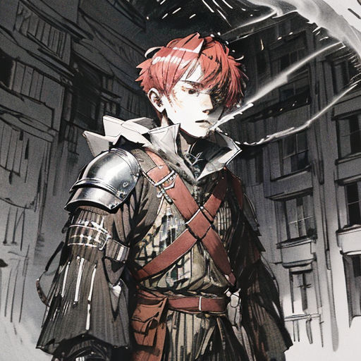 a man in a suit of armor standing in front of a building with a sword in his hand and a building in the background