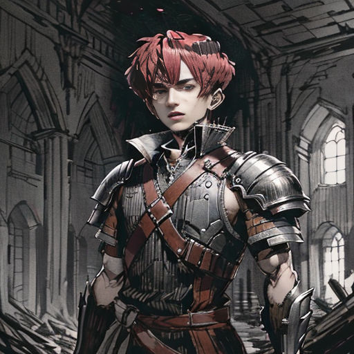 a man in armor standing in a room with a sword and armor on his chest and a helmet on his head