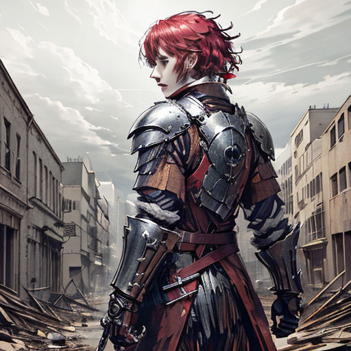 a woman in armor standing in a destroyed city street with a sword in her hand and a red hair