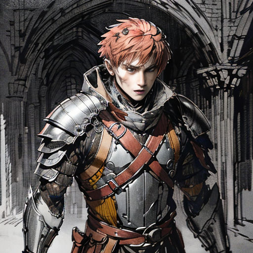 a man in armor standing in a hallway with a sword in his hand and a helmet on his head