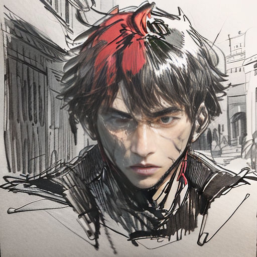 a drawing of a man with a red bird on his head and a red bird on his head, in a city
