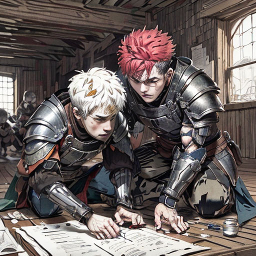 two men in armor are looking at a piece of paper on a table with papers on it and a pen in hand