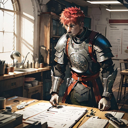 a man in a suit of armor writing on a piece of paper on a desk in a room with a window