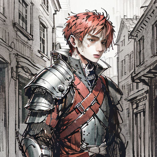 a man in a suit of armor standing in a city street with a sword in his hand and a helmet on his head