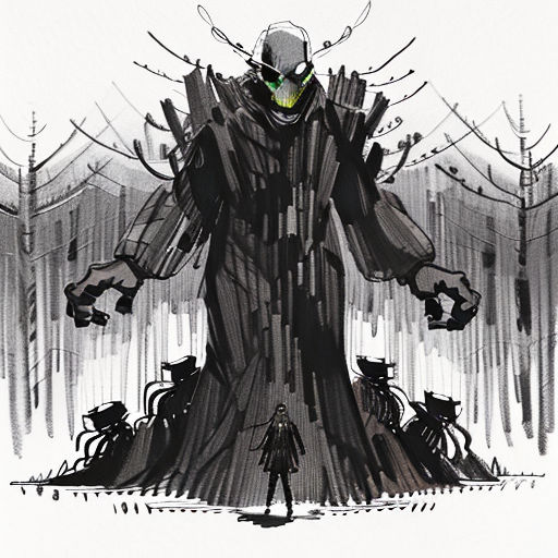 a man standing in front of a giant monster in the woods with two cats on his back legs and a green eye