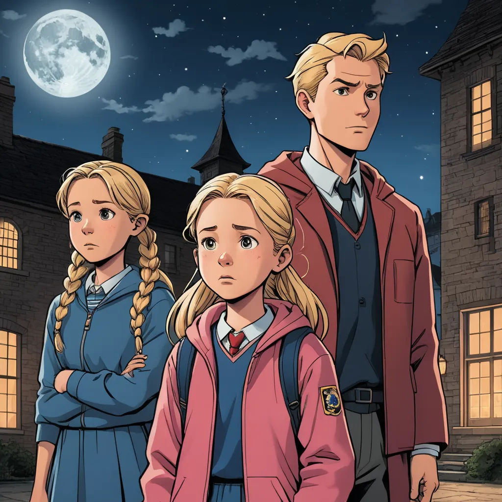 a cartoon of a man and two women standing in front of a castle at night with a full moon in the background, sots art, a character portrait, Cedric Seaut (Keos Masons), official art