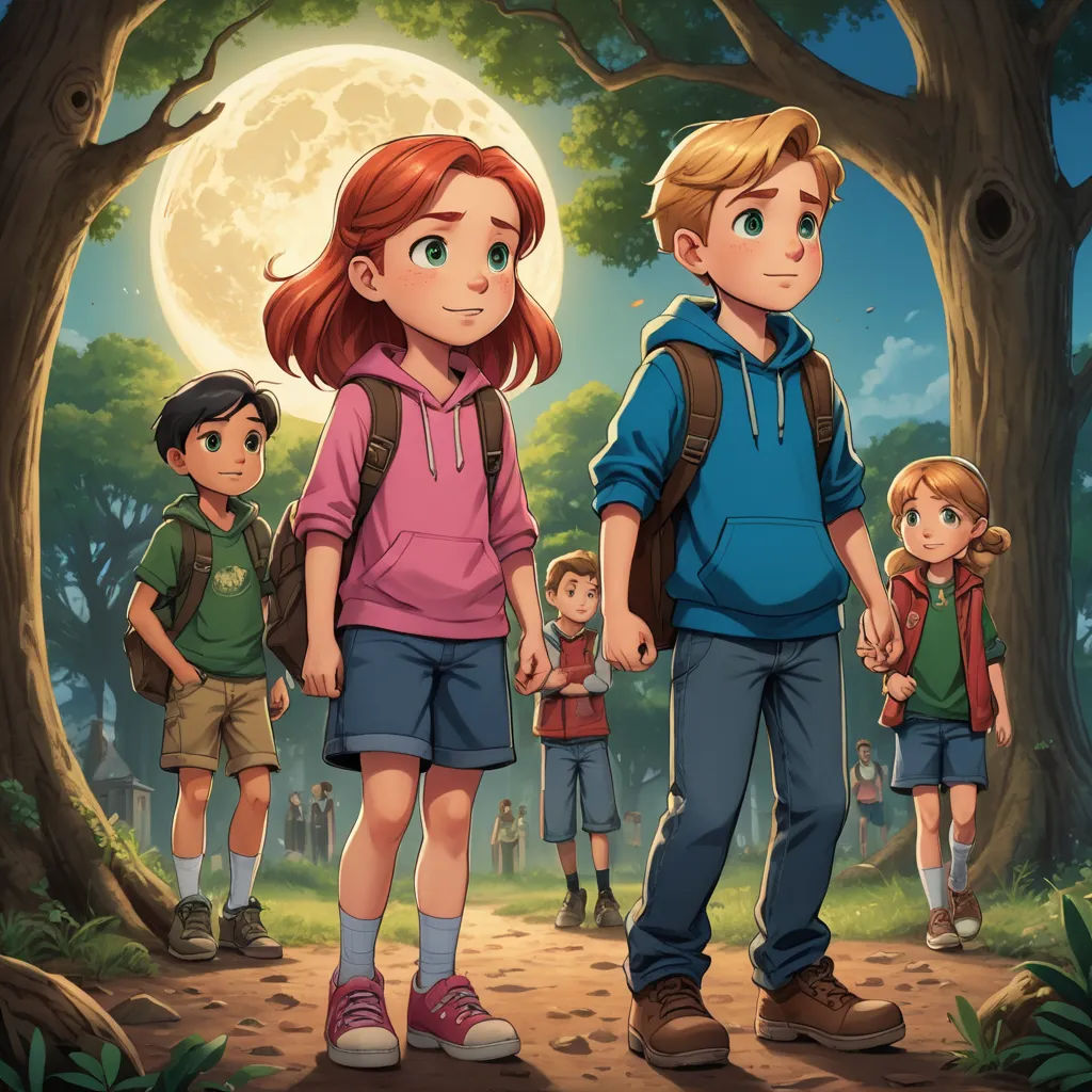 a group of children standing in front of a full moon in a forest with a man holding the hand of a woman, sots art, a storybook illustration, Cliff Childs, key art
