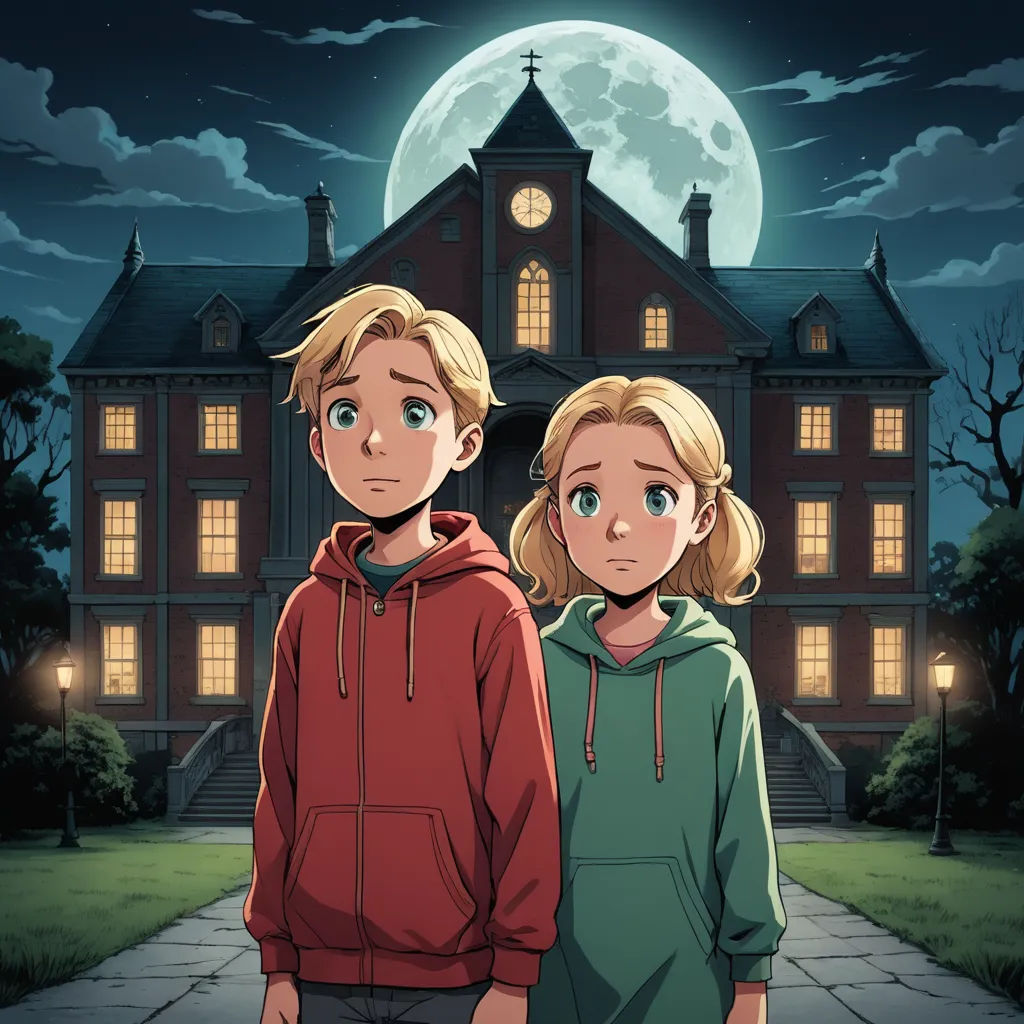 a couple of people standing in front of a house at night with a full moon in the background and a full moon in the sky, sots art, poster art, Armin Hansen, rossdraws global illumination