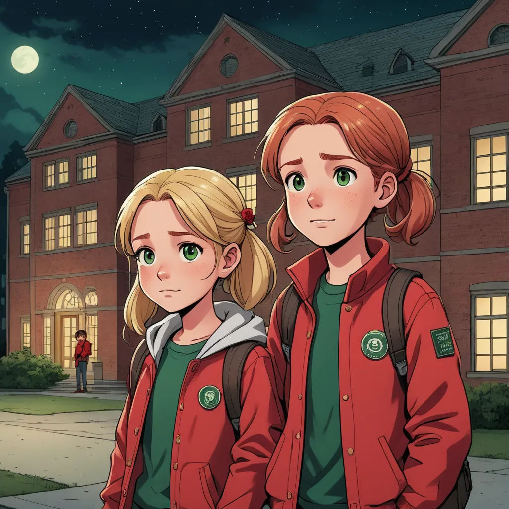 two people standing in front of a building at night with a full moon in the background and a person standing in front of the building, northwest school, a character portrait, Cedric Seaut (Keos Masons), official art