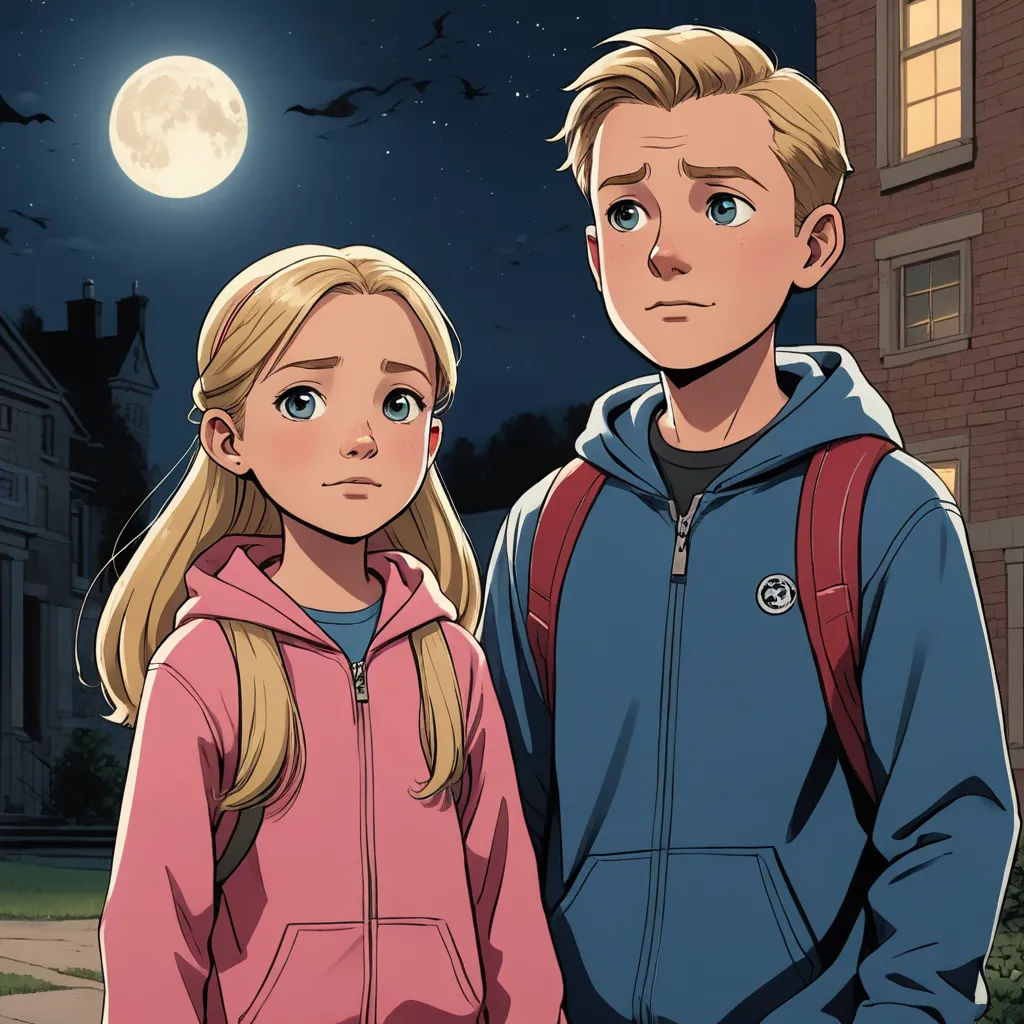 a man and a woman standing in front of a full moon with bats flying overhead and a full moon in the background, american realism, a comic book panel, Clark Voorhees, rossdraws global illumination