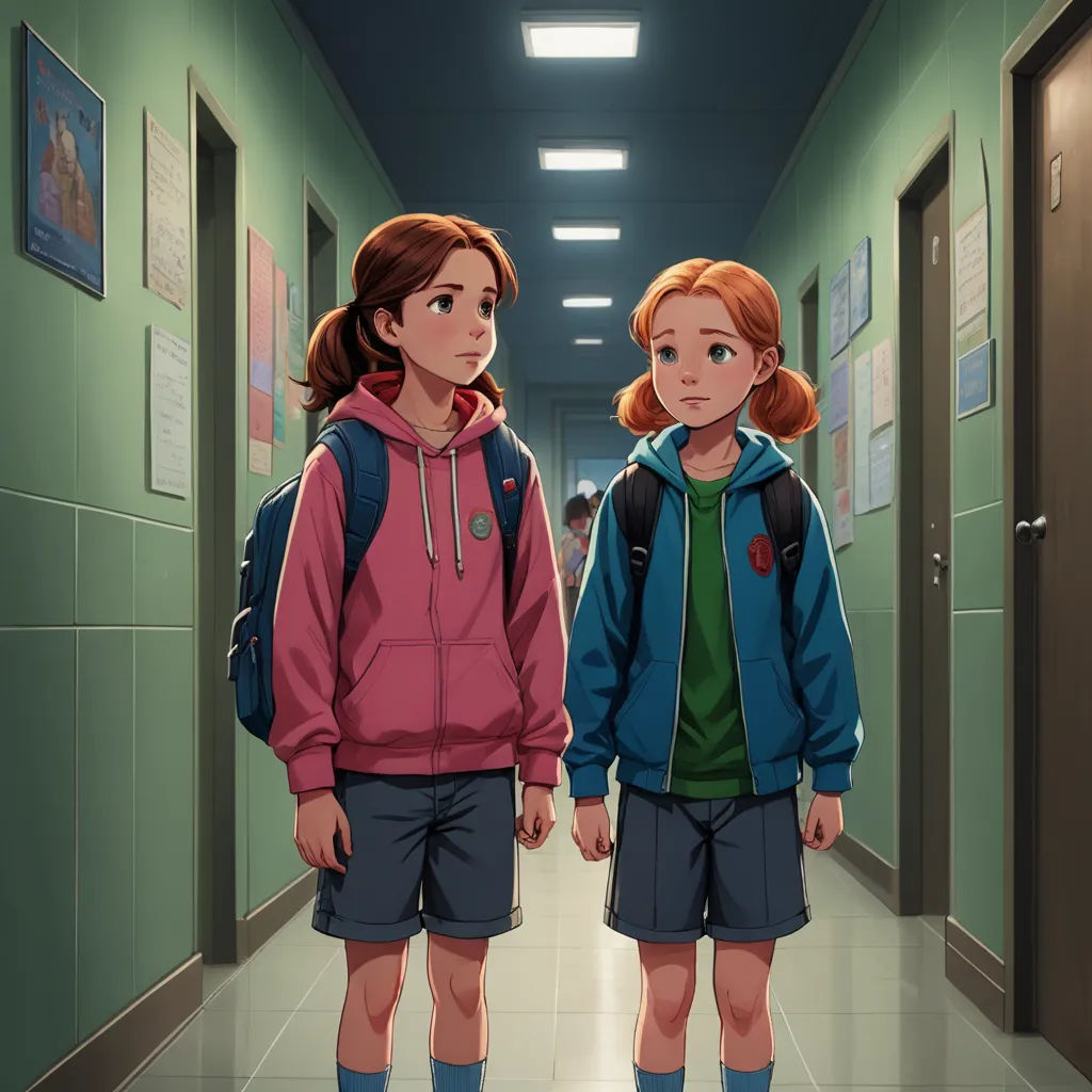two young girls standing in a hallway in a school setting with posters on the walls behind them and a hallway leading to another room, paris school, a painting, Atey Ghailan, official art