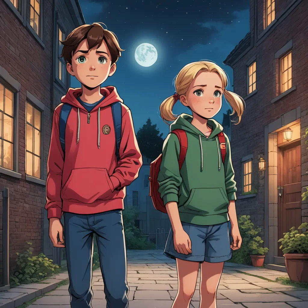 a boy and a girl are walking down a street at night with the moon in the background and a building with windows, serial art, a storybook illustration, Diego Gisbert Llorens, rossdraws global illumination