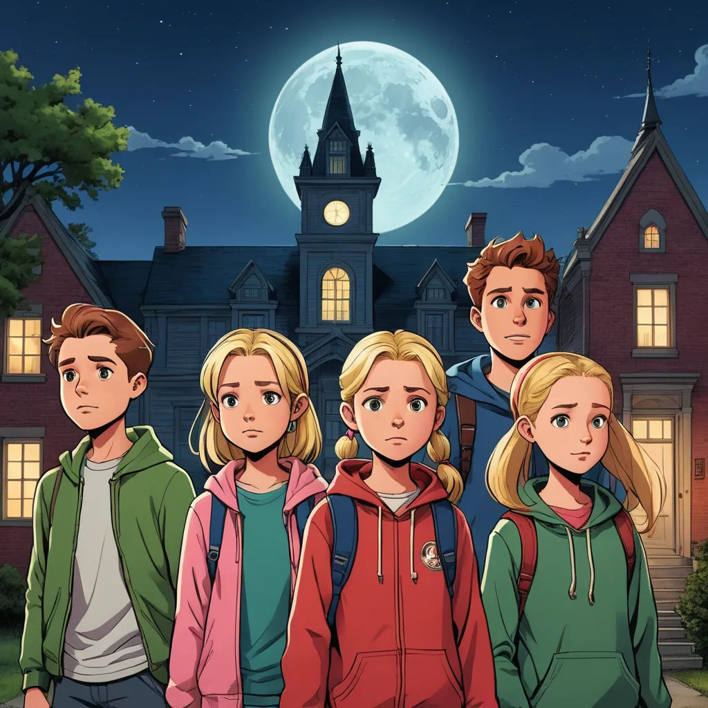 a group of people standing in front of a house at night with a full moon in the background and a full moon in the sky, northwest school, a storybook illustration, Cedric Seaut (Keos Masons), key art