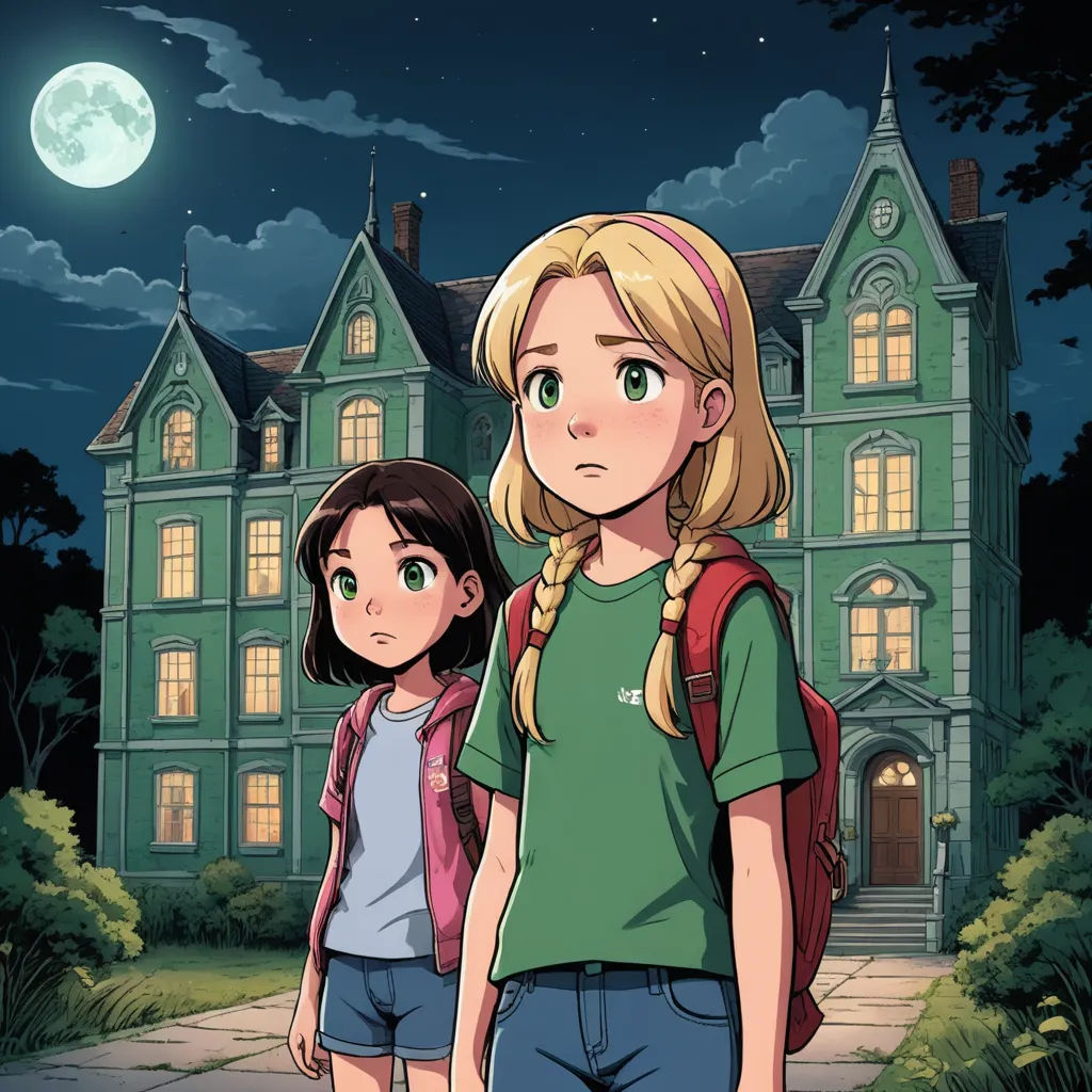 a girl and a boy standing in front of a house at night with a full moon in the sky, serial art, a storybook illustration, Claire Falkenstein, official art