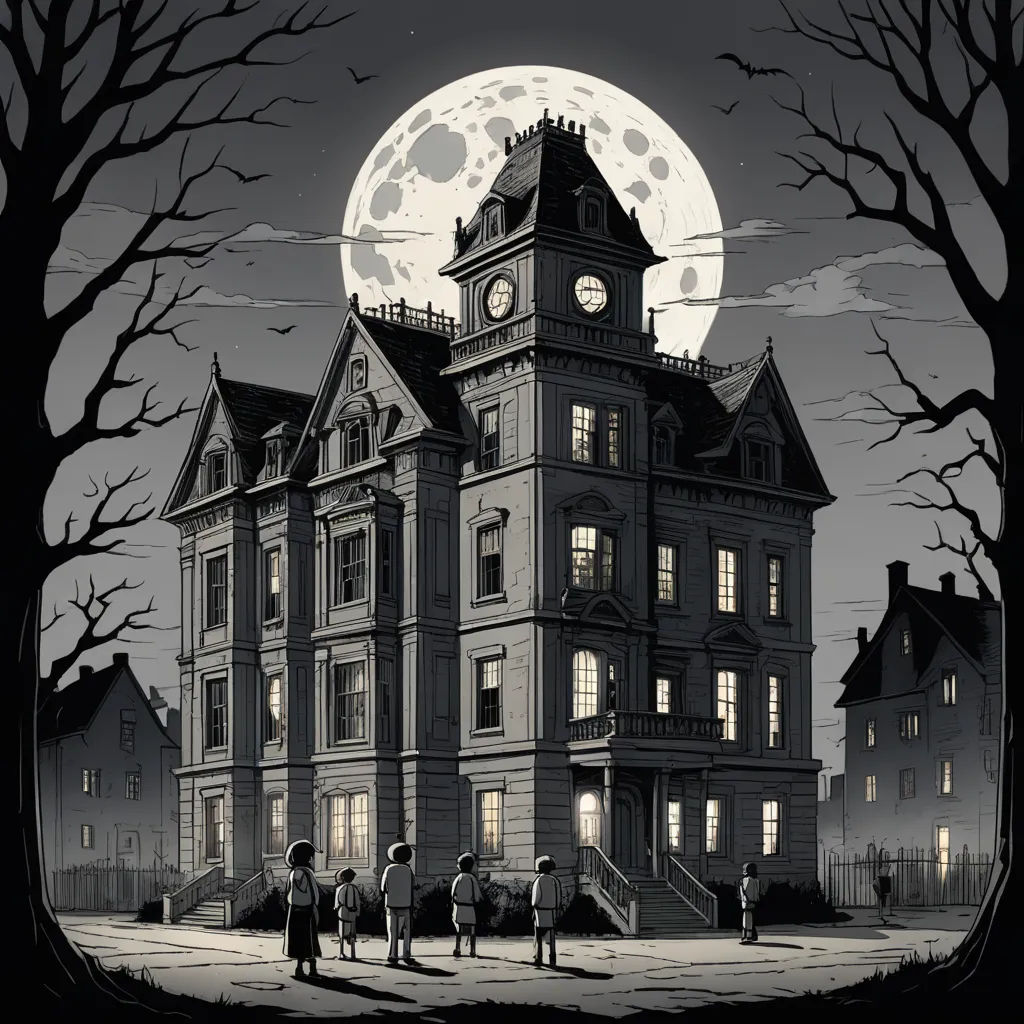 a creepy house with a full moon in the background and people standing outside it in front of it,, paris school, a storybook illustration, Dan Mumford, promotional image