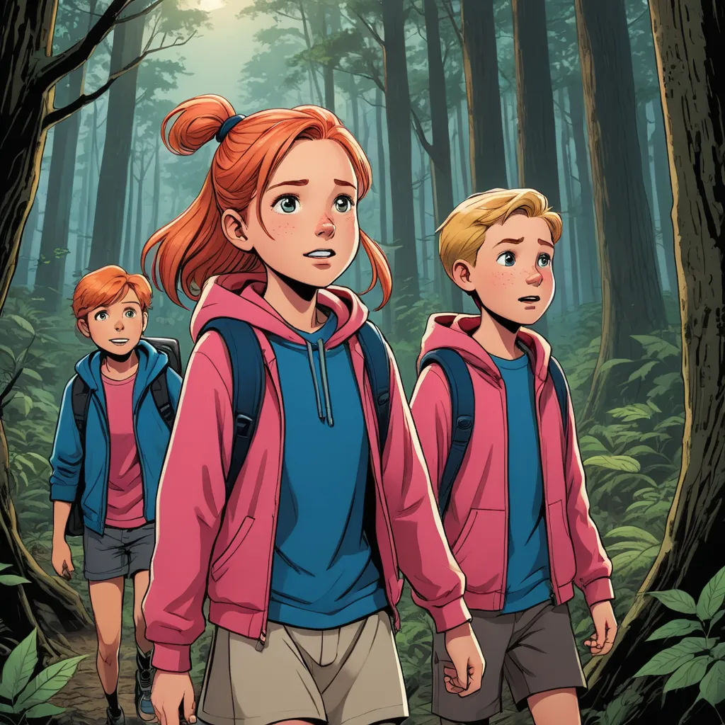 a cartoon of a group of people walking through a forest with trees and bushes in the background, with a woman in a pink hoodie and a blue sweatshirt, process art, a comic book panel, Dan Mumford, comic cover art