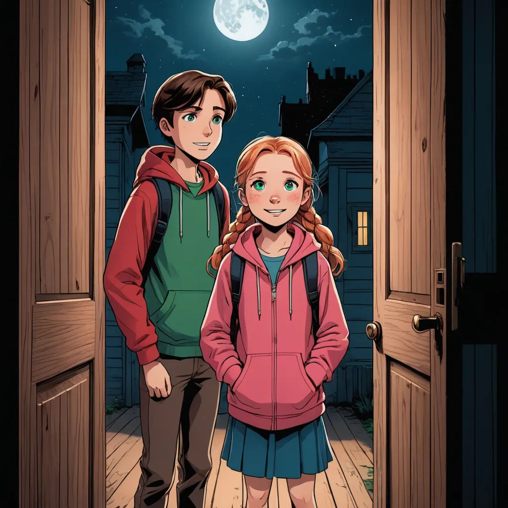 a boy and a girl standing in a doorway at night with a full moon in the background and a door open, magical realism, a storybook illustration, Diego Gisbert Llorens, comic cover art