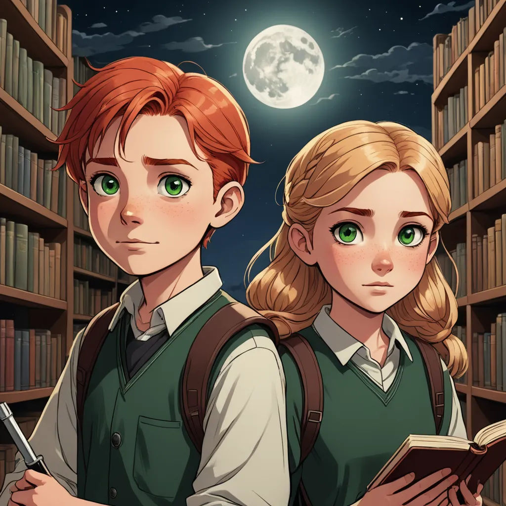 a couple of people standing in front of a library filled with books and bookshelves with a full moon in the background, sots art, a character portrait, Cedric Seaut (Keos Masons), official art