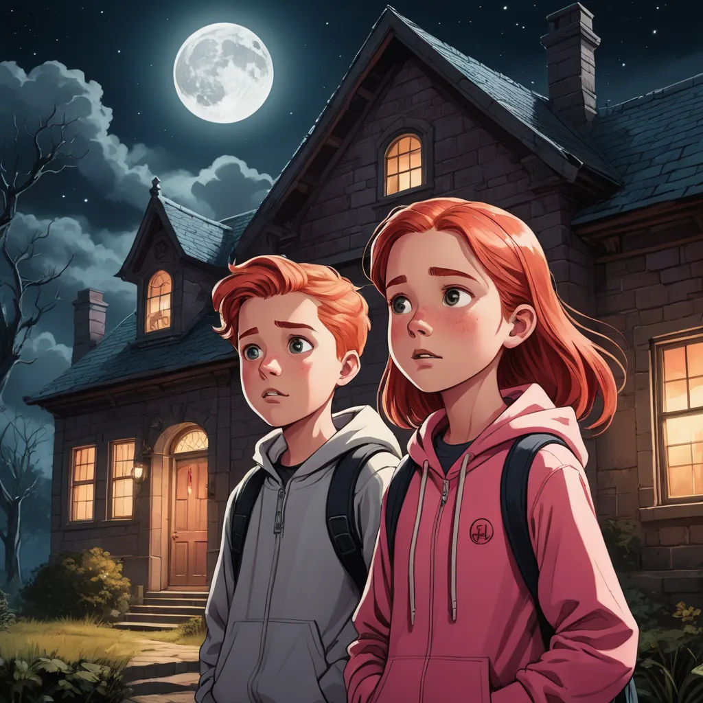 a couple of people standing in front of a house at night with a full moon in the background and a full moon in the sky, sots art, a storybook illustration, Cyril Rolando, promotional image
