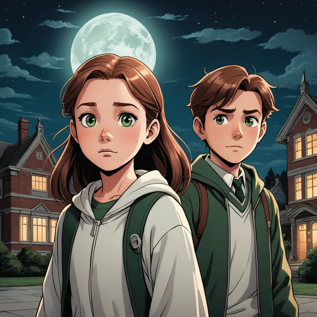 a couple of people standing in front of a house at night with a full moon in the background and a full moon in the sky, northwest school, poster art, Cedric Seaut (Keos Masons), comic cover art