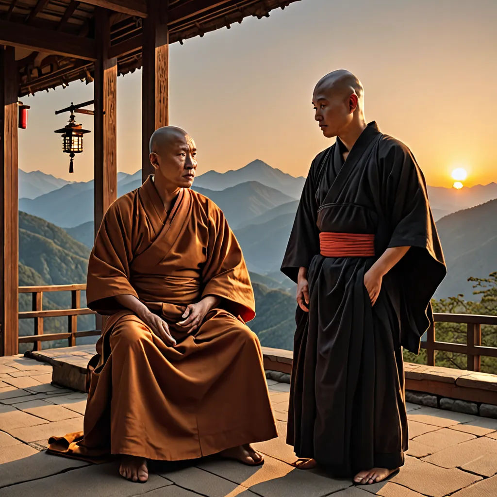 two men in robes standing on a balcony at sunset with mountains in the background and a lantern hanging from the roof, dau-al-set, a character portrait, Fang Congyi, promotional image