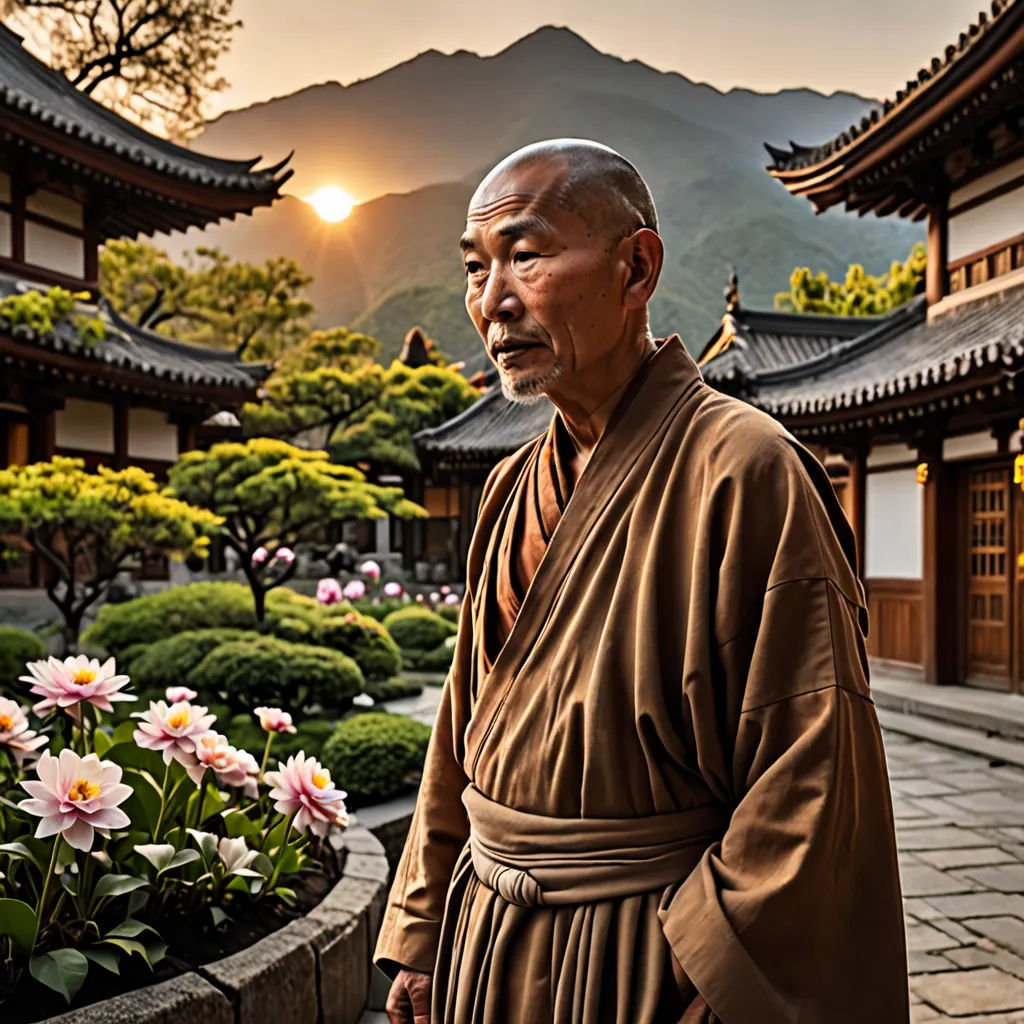 a man in a robe standing in front of a building with flowers in front of him and a mountain in the background, cloisonnism, a character portrait, Fang Congyi, cinematic photography