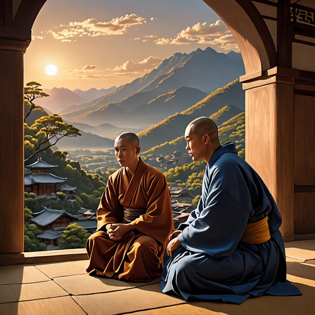 two men sitting on a ledge looking out at a mountain valley and a valley with a pagoda in the background, cloisonnism, a detailed matte painting, Christophe Vacher, highly detailed digital painting