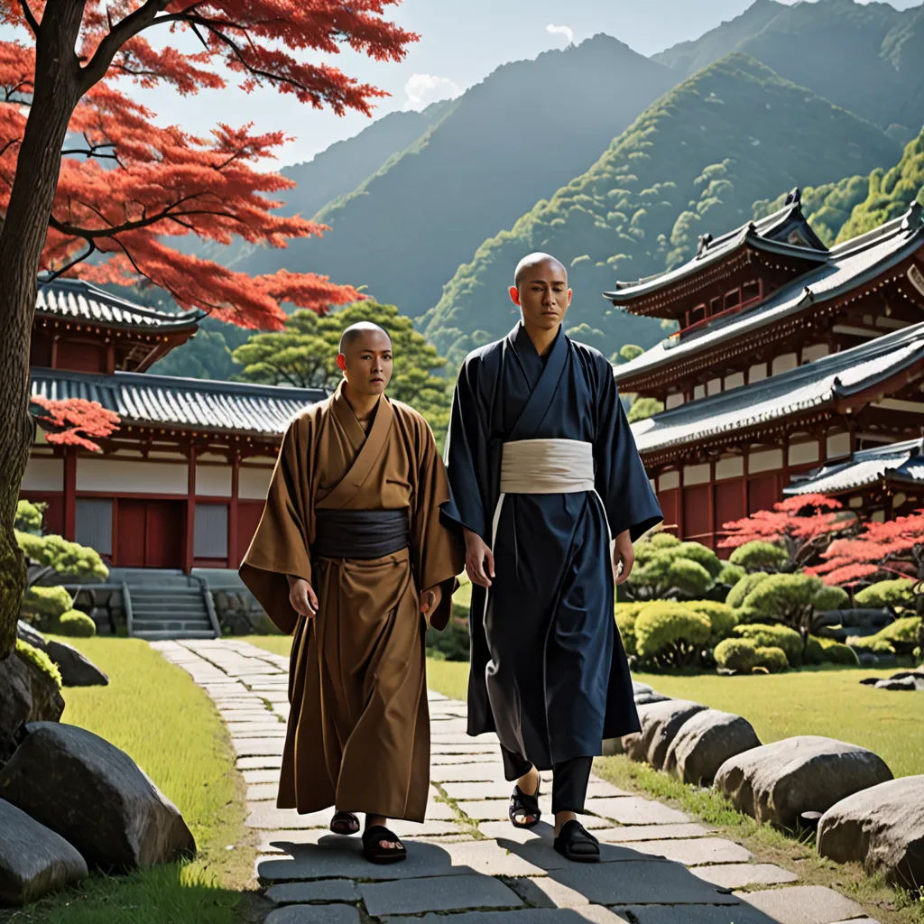 two men in traditional japanese garb walking down a path in front of a mountain range with red trees, dau-al-set, a detailed matte painting, Asai Chū, promotional image
