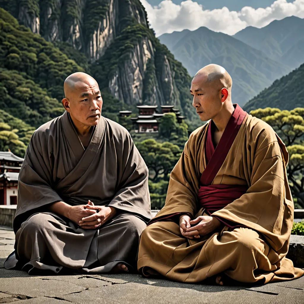 two men sitting on a ledge in front of a mountain range with a pagoda in the background and a mountain range in the background, art & language, a colorized photo, Fang Congyi, promotional image