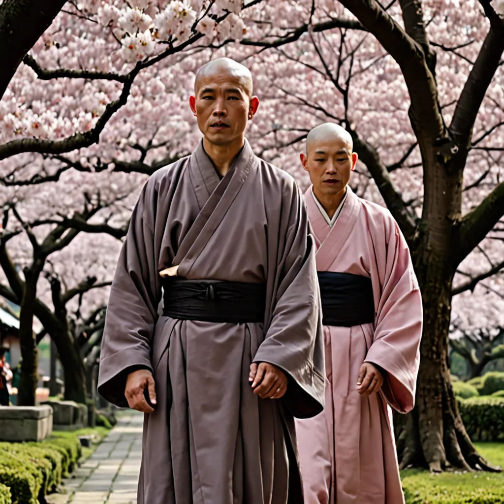 two men in traditional japanese clothing walking in a park with cherry blossoms on trees in the background, with a path lined with stone steps leading to the left, cloisonnism, a character portrait, Baiōken Eishun, promotional image