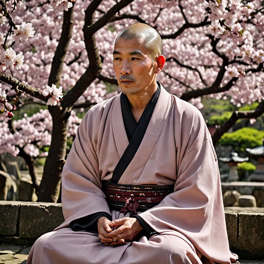 a man sitting on a stone bench in front of a tree with pink flowers in blooming trees in the background, purism, a character portrait, Asai Chū, promotional image