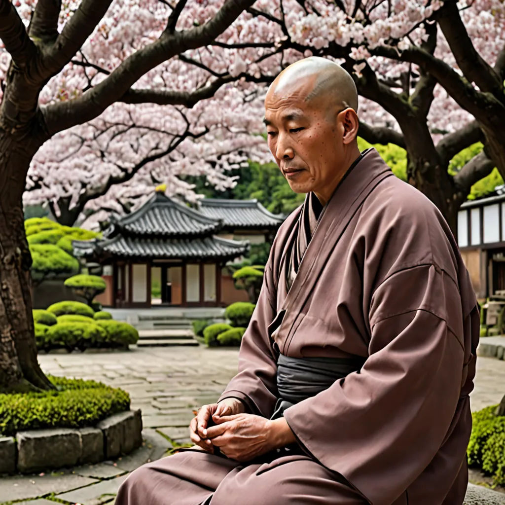 a man sitting on a bench in front of a tree with pink flowers in bloom in a park area, cloisonnism, a character portrait, Byeon Sang-byeok, tranquil