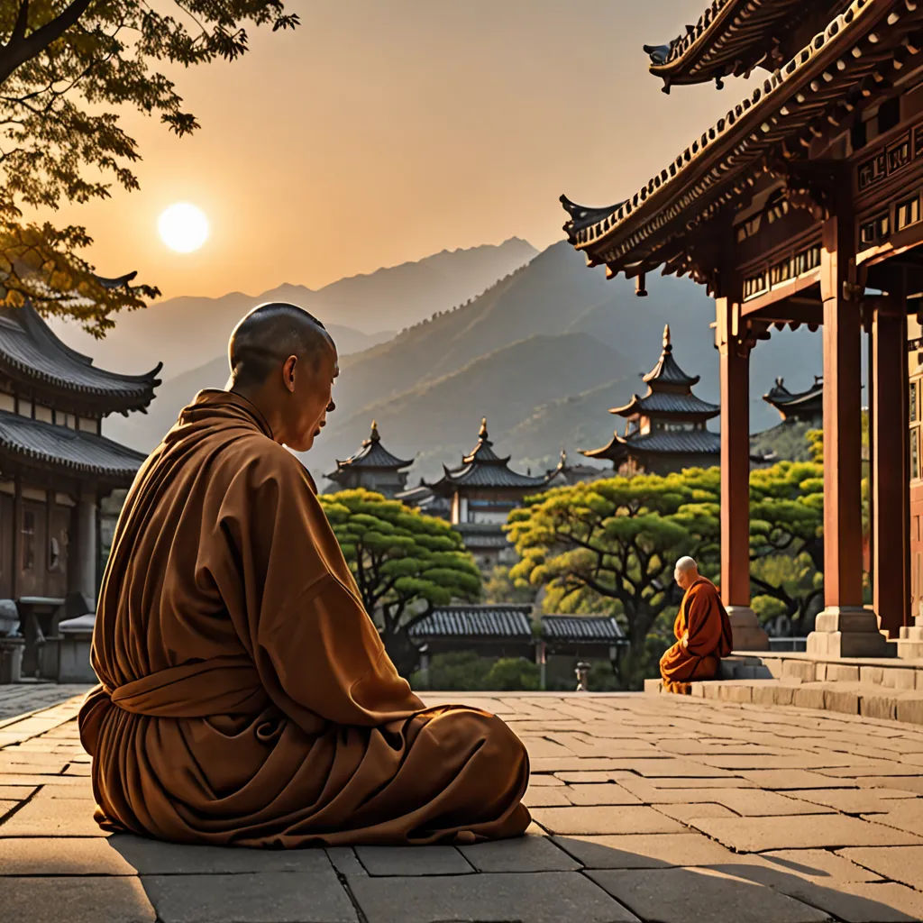 a monk sitting on a stone floor in front of a pagoda with mountains in the background at sunset in china, cloisonnism, a detailed matte painting, Fang Congyi, tranquil
