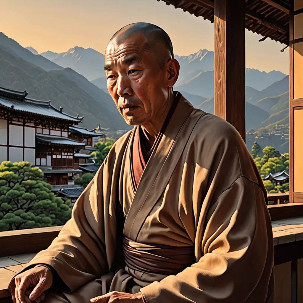 a man sitting on a ledge in front of a building with mountains in the background and a building with a pagoda on the roof, photorealism, an ultrafine detailed painting, Emperor Huizong of Song, highly detailed digital painting