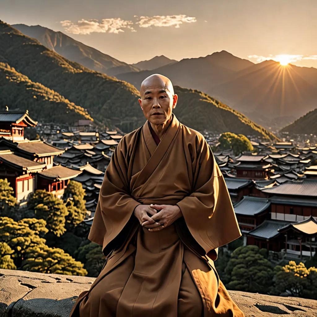 a man sitting on a rock in front of a mountain range with a sunset in the background and a building in the foreground, cloisonnism, a character portrait, Fang Congyi, kyoto studio
