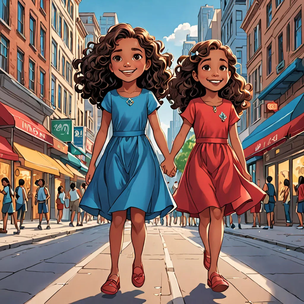 two girls walking down a city street holding hands and smiling at the camera, with a city street in the background, lyco art, a comic book panel, disney, comic cover art